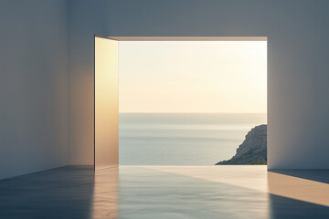 Fototapeta premium Minimalistic Aluminum Door with a Panoramic Seaview, Overlooking an Endless Expanse of Azure Waters