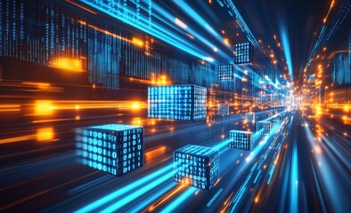 Fototapeta premium Blockchain information flows in the digital global networks. The data cells have binary code elements in 3D.