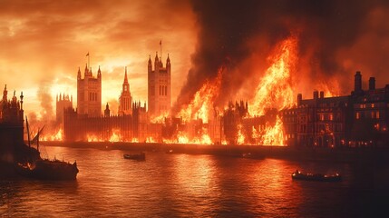 Obraz premium Historic cityscape ablaze with intense flames, illuminating the night sky and reflecting off the river, as buildings and landmarks are engulfed in a dramatic fire.