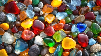 A vibrant collection of colorful, polished stones scattered across a surface.
