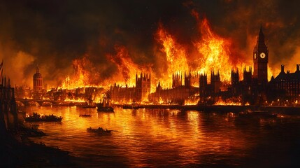 Fototapeta premium A historic cityscape engulfed in raging flames at night, reflected in a river, depicting a catastrophic fire with intense orange and red hues.