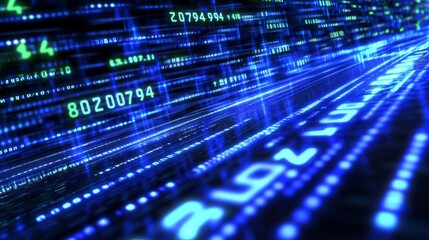 The wavy plane is filled with digital code elements. Wireless data loops. Cyber stripes. 3D illustration. Big data stream.