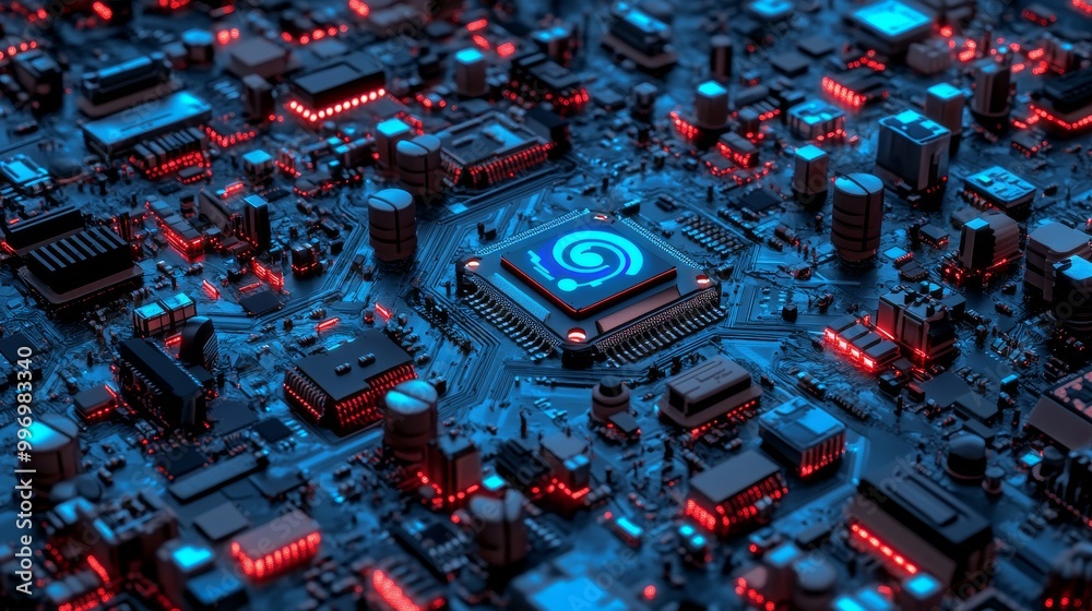 Poster an illustration of a cyber architecture 3d model. nanotechnology, neurotechnologies and internet str