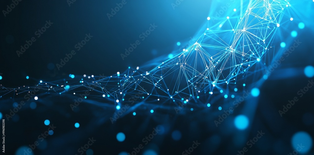 Poster a colorful 3d illustration of polygonal networks, cybersecurity, and internet companies using web te