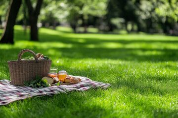 Cheerful Picnic Scene on a Vibrant Green Lawn, Blanket Spread Out and Basket Overflowing with Delicious Treats