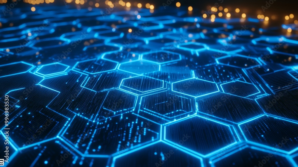 Poster 3d illustration of a particle field in cyberspace on hexagonal nano grid. molecular honeycomb networ