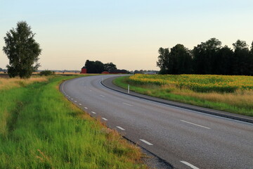 Country road turning. No cars. Nature and landscape one summer day. Vara, Västergötland, Sweden, Europe.