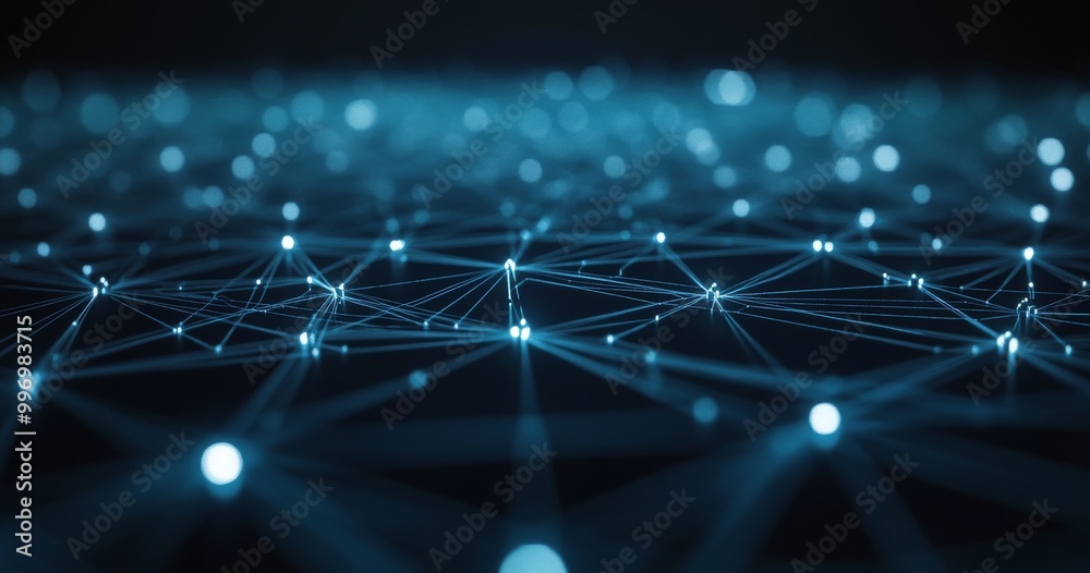 Poster flow of information in a big data field. 3d simulation of neural impulses in a cyber network