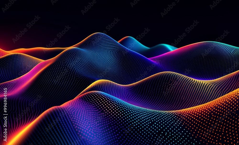 Poster neon strings flow with data particles. 3d illustration of digital sound vibrations.