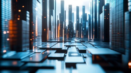 Fototapeta premium Cyberspace, neural network, big data, transmission of information, futuristic cityscape. 3D illustration of data transmission.