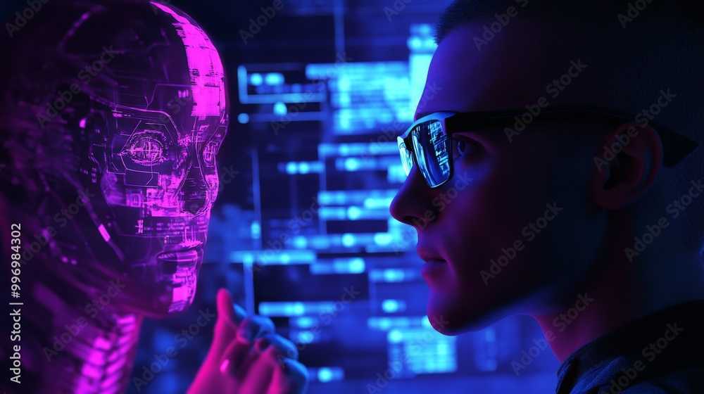 Poster ai stock. machine learning reactions and chat bots. big data and blockchain technology. neurolink wi