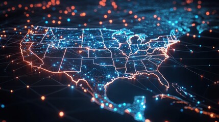 Fototapeta premium global network of data transmission across usa map digital connectivity concept with glowing lines and dots 3d illustration