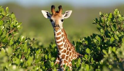 Playful giraffe calf exploring delicate bushes in the wild