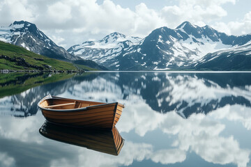 Obraz premium Peaceful Small Rowboat on a Mountain Lake with Snow-Capped Peaks Reflecting on the Mirror-Like Surface