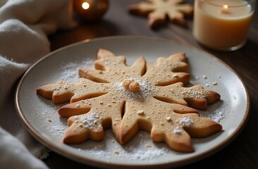 Cookies in the form of a snowflake lie on a dark plate with a New Year's background.