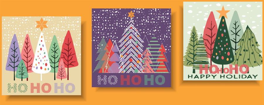 HO HO HO greeting card, posters, template, Layout set, Happy Holiday Merry Christmas and Happy New Year typography invite Christmas tree greeting simple drawing flat design