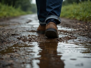 Person walking through a puddle, symbolizing overcoming obstacles.