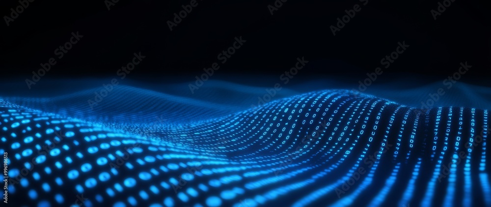 Poster terabytes of binary code flying through a wavy field of blockchains. neural network, points and numb