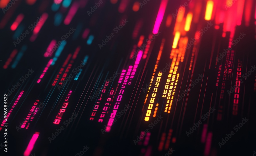 Poster a digital background with data flow and business intelligence is incorporated into the presentation.