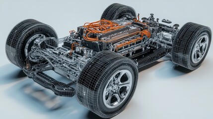Fototapeta premium Industrial wireframe featuring a lithiumion battery pack, motor wiring, and gearlike wheels on a white background, Created with Generative AI.