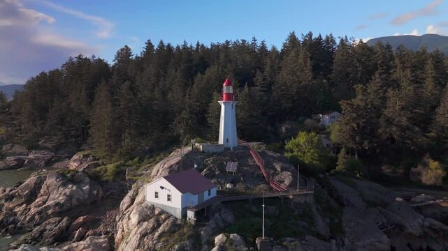 a 360 centralizing a lighthouse near Vancouver shore in Canada during sunset