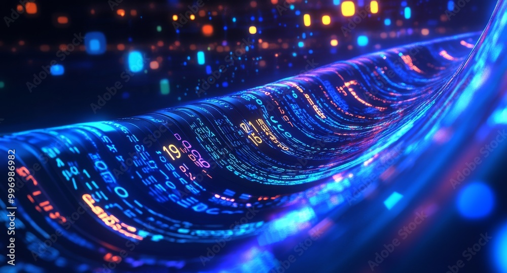 Poster an illustration of big data cyber strings in 3d. coding and technology.