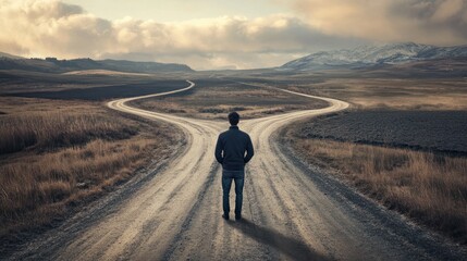 Man at crossroads deciding path on uncertain day making life choices. Concept Decision Making, Crossroads, Life Choices, Uncertainty, Path Ahead