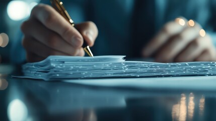 A close-up of a hand writing with a pen on a large stack of documents, signifying business or professional work, possibly in a corporate setting.