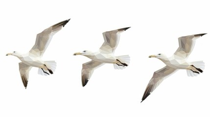 Obraz premium Seagulls flying in a low poly style against a white background, conveying a sense of freedom and nature Ideal for concepts related to wildlife, environment, and travel