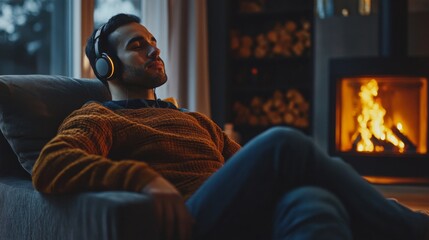 The cozy atmosphere features a man in a warm sweater, reclining on a sofa while listening to music through headphones. A flickering fireplace adds warmth to the tranquil evening setting.