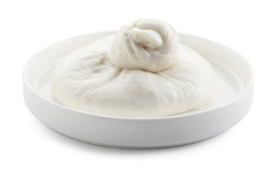 Plate with fresh burrata cheese isolated on white