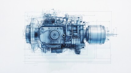 Obraz premium Minimalist technical drawing of an EV cooling pump with motor wiring blueprint on a clean white background, Created with Generative AI.