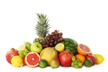 Many different fresh fruits isolated on white
