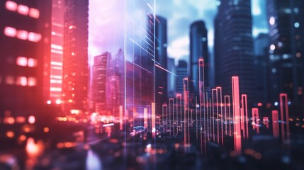 Modern urban setting. Illustrate themes of profit and development. Symbolizing economic growth and progress. a 3d bar chart inclining upward. Digital transformation, business. Modern smart city. 4K.