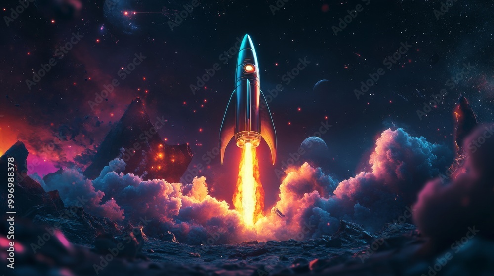 Poster A rocket is ascending into the vastness of space, leaving behind a trail of flames. The backdrop features colorful nebulae and distant planets, creating a stunning cosmic display.