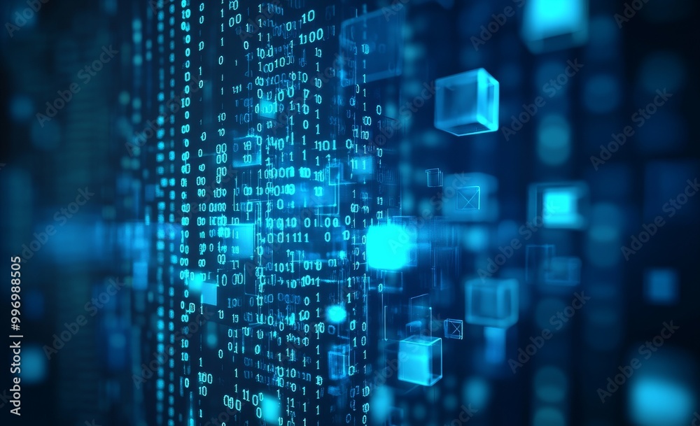Poster blockchain information flows in global networks. 3d illustration of binary data cells.