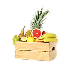 Many different fresh fruits in wooden crate isolated on white