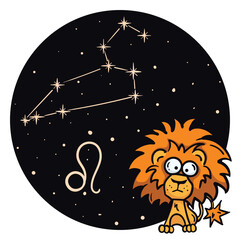 Bright vector illustration with the zodiac sign Leo. Children's horoscope. Constellation in the night sky. Hand drawn character for astrological forecast