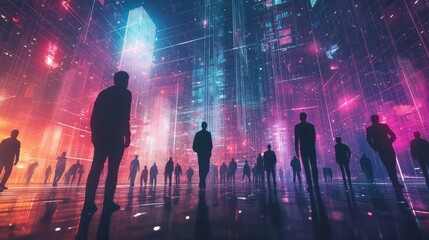 People in a digital world, connected in cyberspace. Colorful technology background