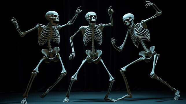 Three skeletons dancing in a dark studio