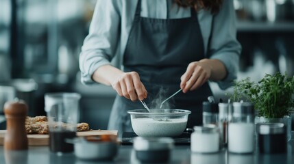 A person seasons food with fresh green herbs in a modern kitchen, exemplifying culinary skills and the importance of flavor in food preparation using professional kitchen tools.