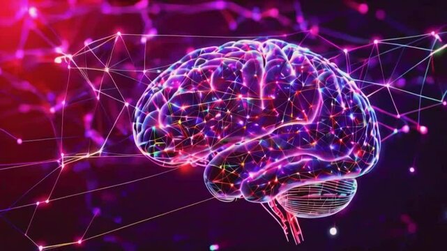 A brain-shaped plexus structure lines and dots, new pathways, advanced AI technology and machine learning, 4k Technology Background Animation Video