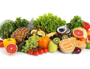 Different fresh vegetables and fruits isolated on white