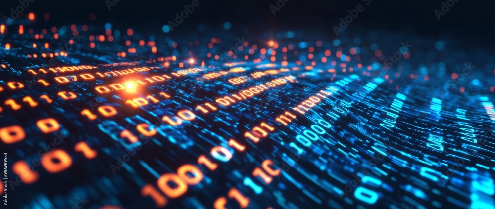 Poster an illustration of a wavy field of coded blockchains along with neural networks, points, and numbers