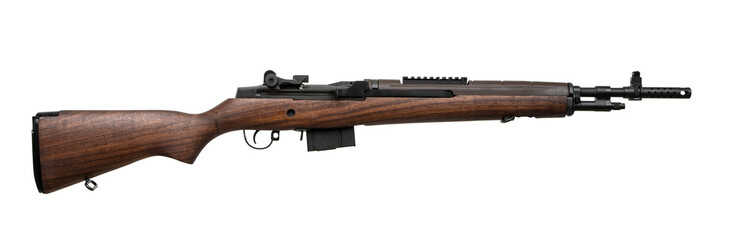 Classic semi-automatic rifle with a wooden stock and black metal parts isolated on a white...