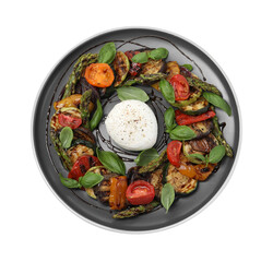 Tasty salad with grilled vegetables and mozzarella cheese isolated on white, top view