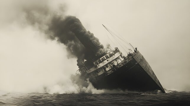 A large ship sinks into the ocean, emitting thick black smoke, creating a dramatic and intense scene with overcast skies.