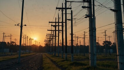 Pole frames and wires in electrical substations.