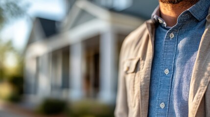 A daytime image capturing a man in a casual button-up shirt standing in front of a suburban house, reflecting a relaxed yet put-together suburban lifestyle atmosphere.