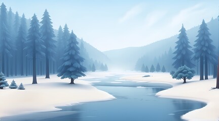 Obraz premium Winter landscape with snow-covered fir trees on the river bank and forest in the distance in 3D graphics style